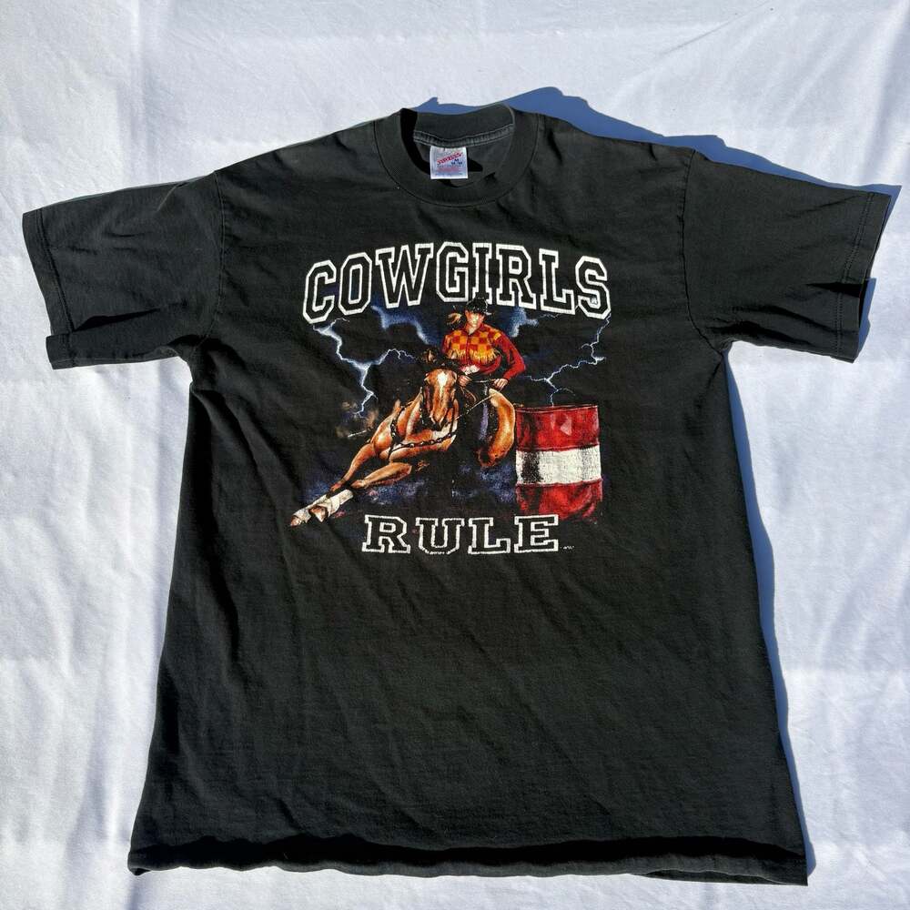Vintage Jerzees Cowgirls Rule Rodeo Barrel Racing Thunder T-Shirt
